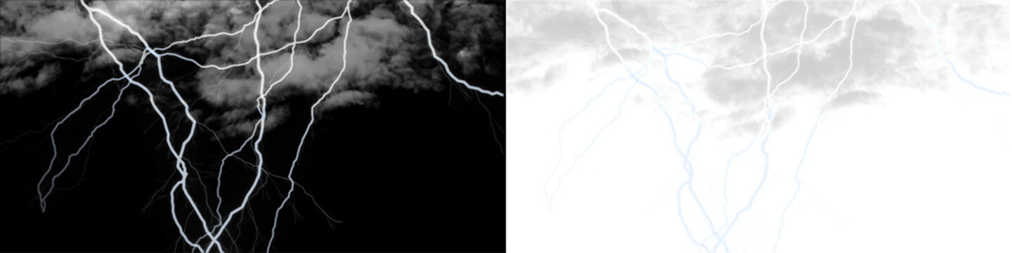 Dramatic lightning bolt strikes in dark night sky isolated on transparent background for creative graphic design.