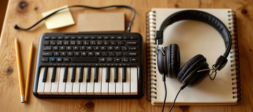 Study desk flat lay with compact keyboard, headphones, notebook, pencils, and blank cards