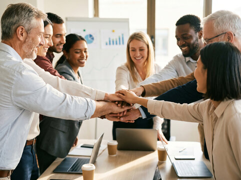 A vibrant gathering of diverse business professionals demonstrates exceptional teamwork and strong unity stacking their hands in a symbolic gesture of collaborative strength and shared commitment towa