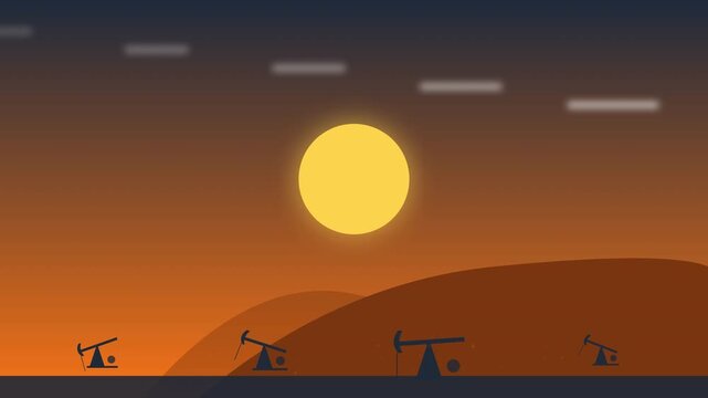 Stunning Animation of Oil Drilling Rigs Set Against a Vibrant Sunset Landscape with Atmospheric Clouds
