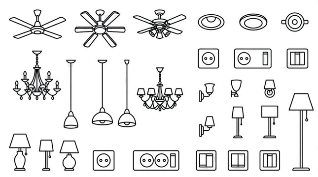 Lighting, interior lamp line icons set. Chandelier, ceiling fan, vanity mirror, LED strip, emergency exit flat minimal vector illustrations. Simple outline signs. 
