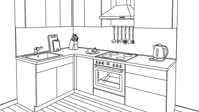 Modern kitchen interior cooking area featuring stove sink and overhead cabinets with utensils hanging on wall for home lifestyle design sketch illustration.
