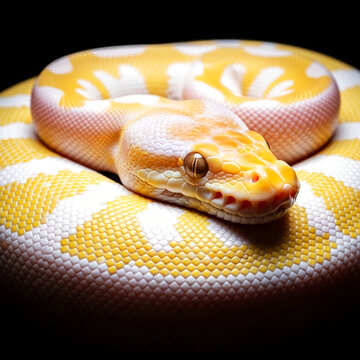 Albino python coiled in dramatic studio lighting with detailed yellow and white scales against a dark background. High-contrast reptile portrait ideal for wildlife and exotic animal visuals.