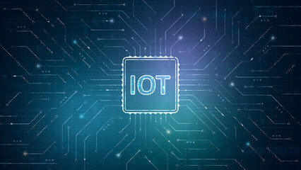 IoT text icon on glowing circuit board, a digital technology illustration for connected devices, smart network systems, enterprise innovation, and marketing visuals. © lersan