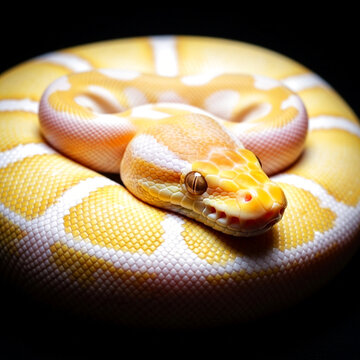 Albino python coiled in dramatic studio lighting with detailed yellow and white scales against a dark background. High-contrast reptile portrait ideal for wildlife and exotic animal visuals.