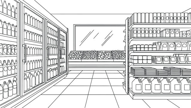 Grocery store interior line art coloring page with shelves stocked with products and refrigerated glass doors for beverage display in supermarket setting.