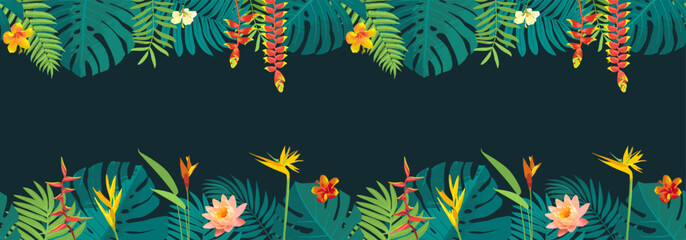 Fototapeta premium Seamless jungle tropical border background. Vector palm leaves green foliage frame. Hawaiian aloha summer aesthetic. Exotic flowers, hibiscus blooms, rainforest plants. Lush nature banner. Island bg