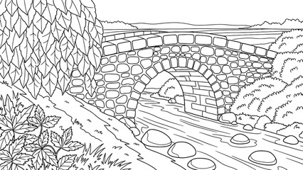 Obraz premium Stone bridge over flowing river landscape coloring page with lush foliage and scenic outdoor nature view in black and white line art illustration design.
