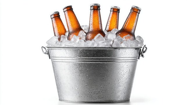 Five amber beer bottles chilling in a metal bucket filled with ice cubes