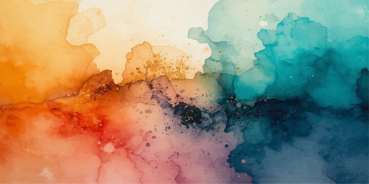 A colorful abstract watercolor painting on aged paper texture features a grungy orange and blue fire pattern with vintage canvas design elements