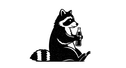 A black and white illustration of a raccoon holding a bottle. © Karimun
