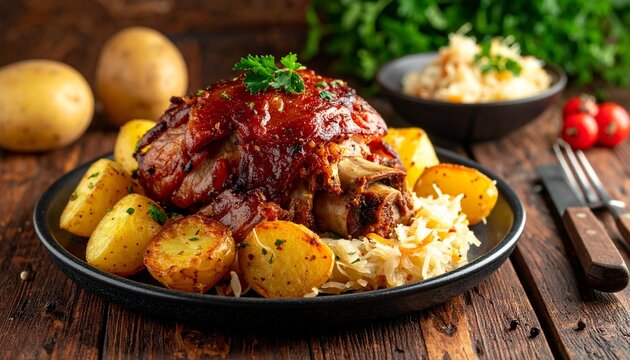 Knusprige Schweinshaxe mit Sauerkraut und Kartoffeln