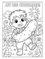 Coloring page showing a happy young boy carrying a giant cucumber in a garden