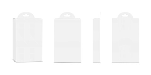 Fototapeta premium Thin white blank paper tuck box with euro slot. Front, side, back view. Realistic 3в vector mockup. Hanging carton. Easy editable mock-up. Template for packaging design