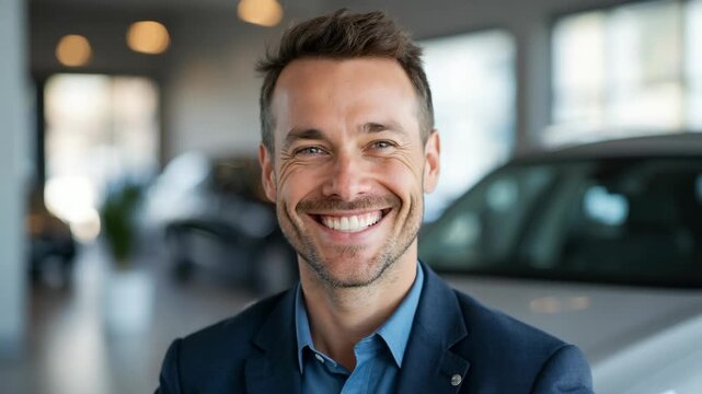 Portrait of a confident businessman in a suit at a modern car dealership. Professional, successful, and ready to assist clients with vehicle purchases and automotive services.
