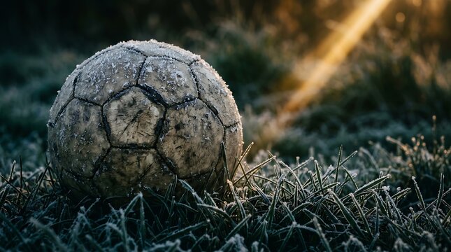 Old soccer ball covered in frost on a cold winter morning