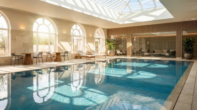 Sunlit luxury indoor swimming pool area at a resort featuring rippling blue water and elegant architecture, perfect for relaxation and leisure.
