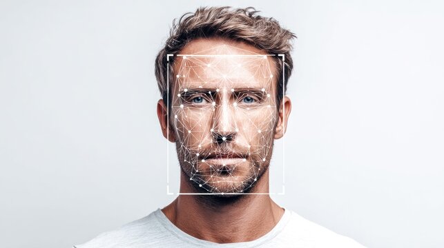 Man's face scanned by facial recognition technology with digital grid overlay