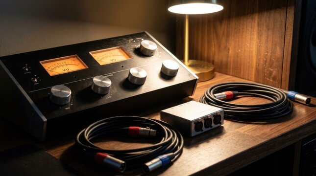 Vintage Analog Audio Interface Equipment with Glowing VU Meters and Cables on a Wooden Desk