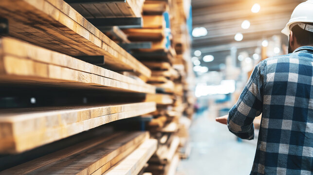 Carpenter selecting timber board in lumber store aisle, choosing wood material for construction project