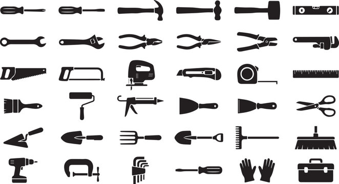 Collection of black construction and DIY tools in silhouette against a white background representing renovation