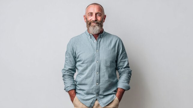 Smiling mature man with beard and casual shirt standing with hands in pockets