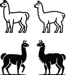 Fototapeta premium Llama and alpaca icon set, minimalist vector animal illustrations, black and white design collection