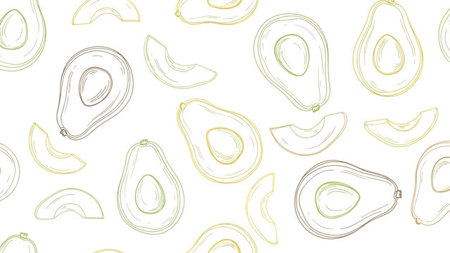 Avocado pattern background with fruit slices and halves simple line art illustration drawing for textile design wrapping paper and digital graphic wallpaper.