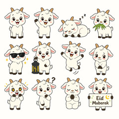 Fototapeta premium Cute Eid al-Adha Goat Character Set with Various Poses, Expressions, and Islamic Elements