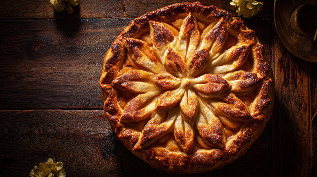 Rustic pear apple pie with decorative crust on a dark wooden table, an inviting homemade dessert