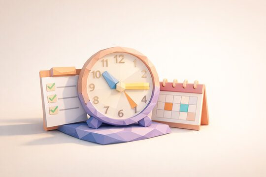 Pastel 3D Time Management Concept with Clock Calendar and Productivity Checklist Illustration