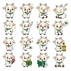Fototapeta premium Cute Goat Character Sticker Set for Eid Mubarak Islamic Holiday Celebrations