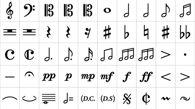 Music notes icon set including various musical symbols and signs