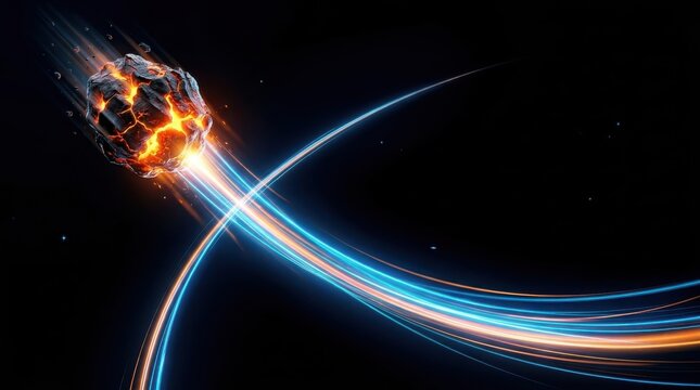 Fiery asteroid traveling through deep space, International Asteroid Day concept, dramatic cosmic impact event for scientific research and space exploration visual projects