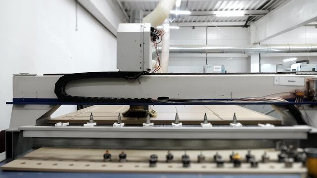 Automated CNC woodworking machine processing wooden panels in furniture factory during industrial manufacturing workflow.