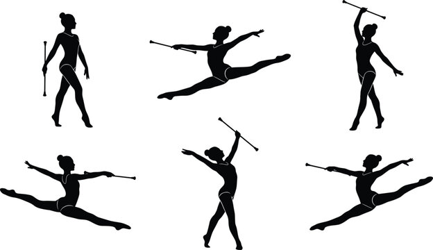 Collection of female rhythmic gymnast silhouettes performing dynamic jumps and elegant poses with a baton twirling stick