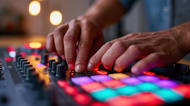 Hands adjusting knobs on DJ controller with colorful pads and blurred studio lights