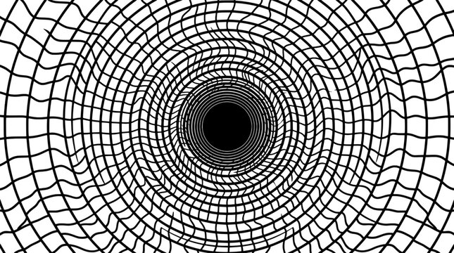 Vortex black hole illustration with curved lines and grid pattern featuring space, cosmic, abstract with science and physics elements for gravity,