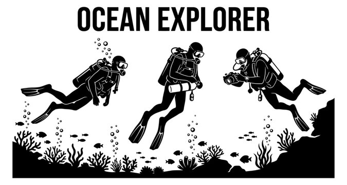 Three divers explore a vibrant coral reef with abundant marine life and bubbling water