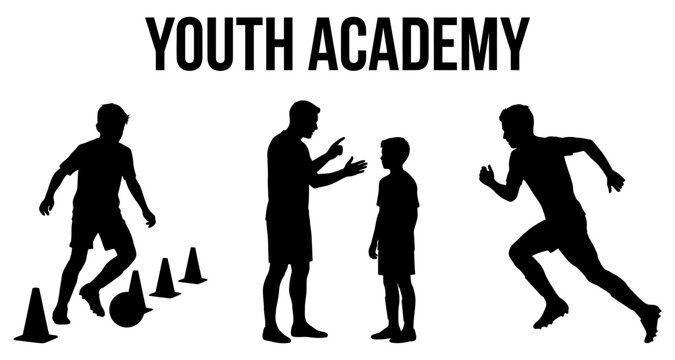 Youth academy coach instructing young athletes during sports training session with drills