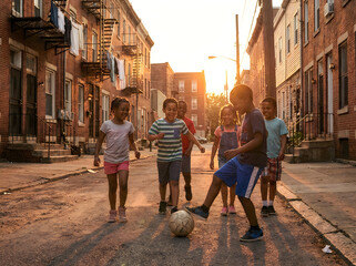 Obraz premium Group of kids playing football in narrow urban alleyway during golden hour with brick buildings.