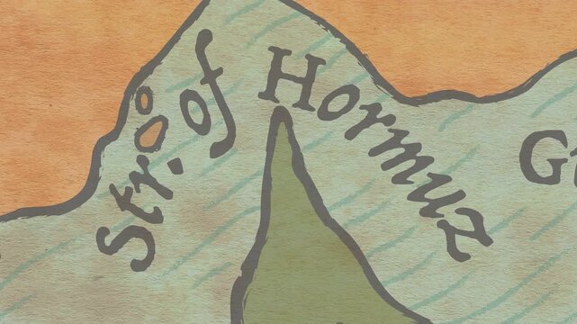 4k footage of animated vintage style map illustration zooming out of the geographical region of the Strait of Hormuz between the Persian Gulf and the Gulf of Oman with surrounding territories