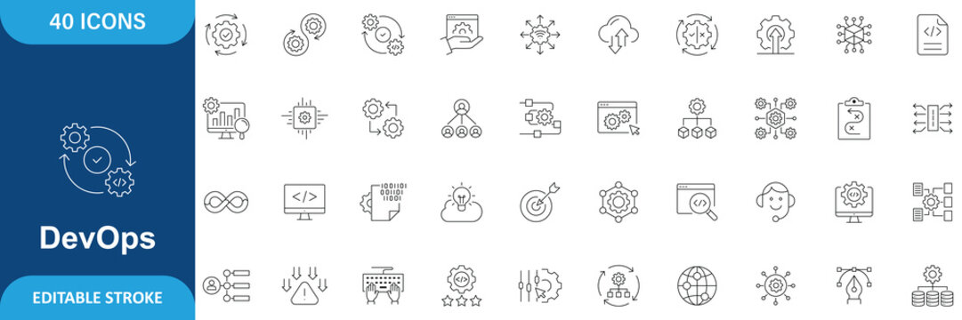 DevOps Icon Set. Containing Automation, Deployment, Agile Workflows, Software Development, Cloud Computing, CI CD, Infrastructure, Monitoring and more. Line Icon. Editable Stroke. Vector Illustration