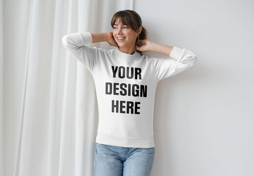Mockup Of Woman In Customized Sweatshirt, Arms Raised