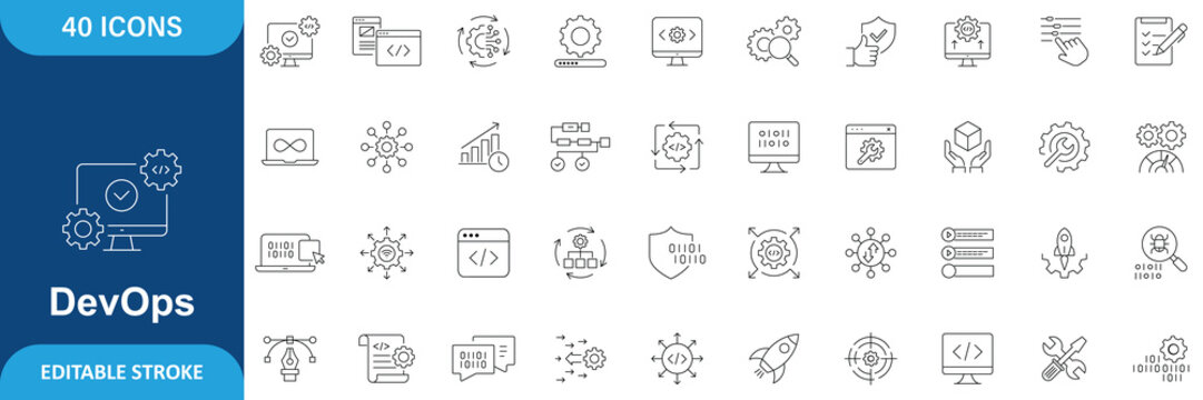 DevOps Icon Set. Containing Automation, Deployment, Agile Workflows, Software Development, Cloud Computing, CI CD, Infrastructure, Monitoring and more. Line Icon. Editable Stroke. Vector Illustration