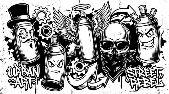 Graffiti urban art icons set with street rebel characters, beards, helmets, gears, wings, and spray paint textures