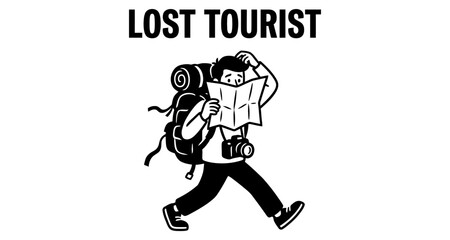 Obraz premium Confused traveler with map and backpack seeking direction during exploration with camera in vintage style