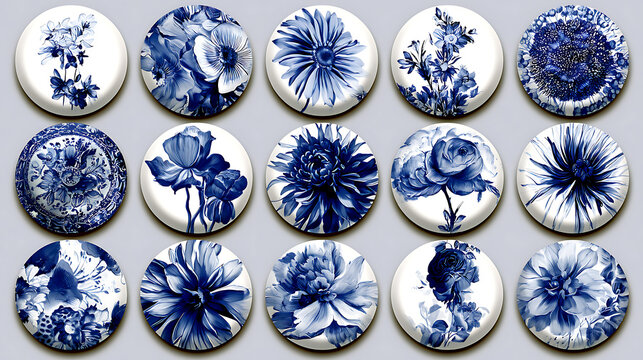 Images of round bottle caps with flowers in the Delftware style. Digital c