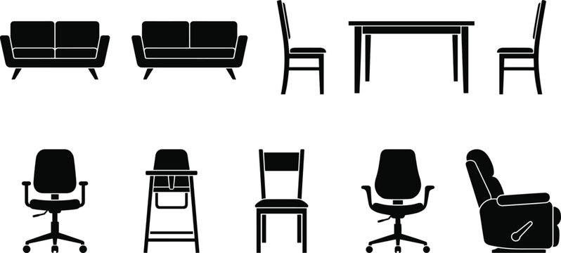 Set of black silhouette home and office furniture icons featuring sofas, chairs, tables, and a recliner