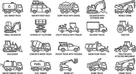 Set of construction machinery and commercial utility vehicle outline icons including trucks, excavators, cranes, and tractors © VactorZone